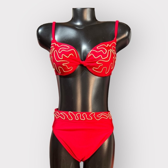 American Vintage Other - VINTAGE 80s NEW High Waisted Bikini Swim Suit Womens Large Red Gold Embellished